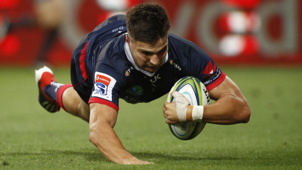 Jack Maddocks scores a try for the Rebels following Quade Cooper's astonishing assist.