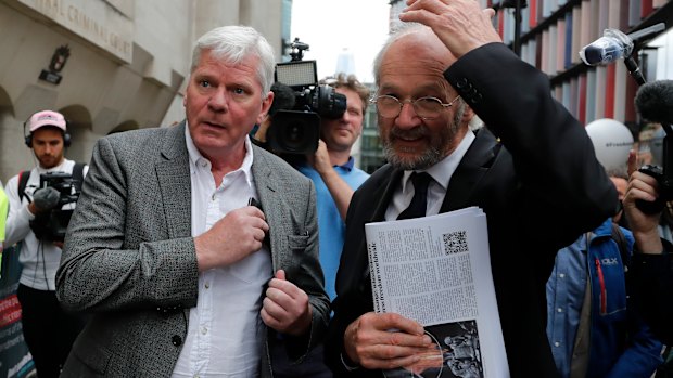 Editor-in-chief of WikiLeaks, Kristinn Hrafnsson from Iceland, left, and father of Julian Assange, John Shipton, speak to the media in London.