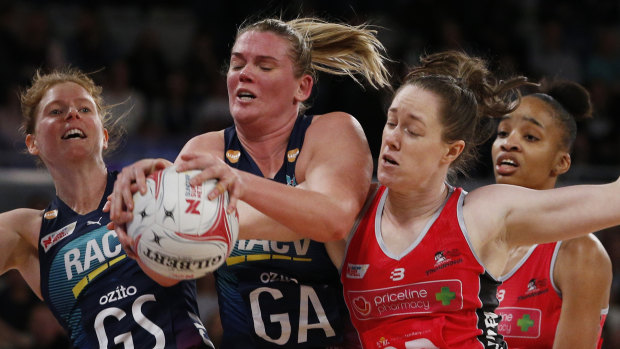 Tough turnaround: Caitlin Thwaites (second left) was among the Vixens who had to back up from the World Cup.