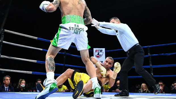 Sad end: Michael Zerafa knocks out Anthony Mundine in the first round earlier this month.