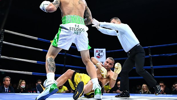 Sad end: Michael Zerafa knocks out Anthony Mundine in the first round earlier this month.