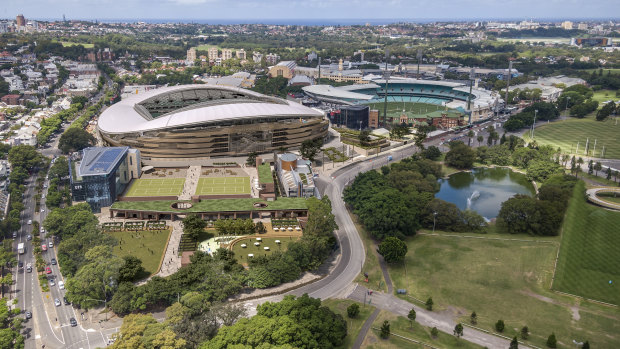 An artist’s impression of the ‘village precinct’ to be built next to the new Sydney Football Stadium at Moore Park.
