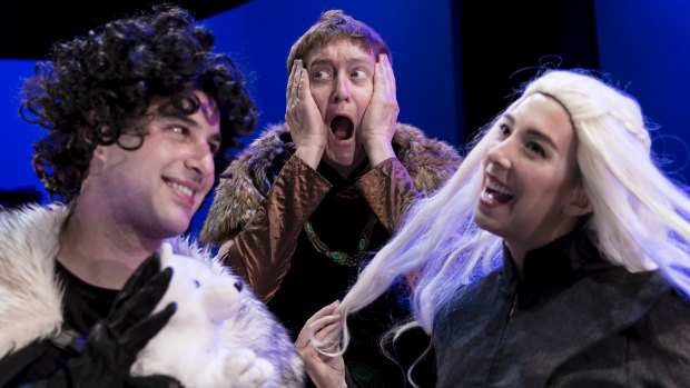 Al Samuels (centre), co-creator and cast member of 'Thrones! The Musical Parody', with cast members playing the roles of John Snow and Daenerys Targaryen. 