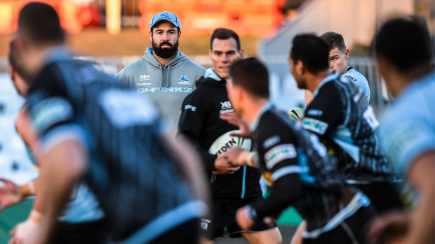 New boy: Aaron Woods watches on at his first Cronulla training session.