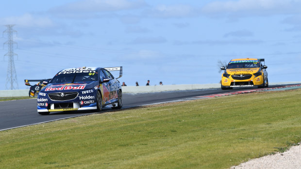 Championship leader: Holden’s Shane van Gisbergen (left) finished second in Sunday’s race at the Bend in South Australia.