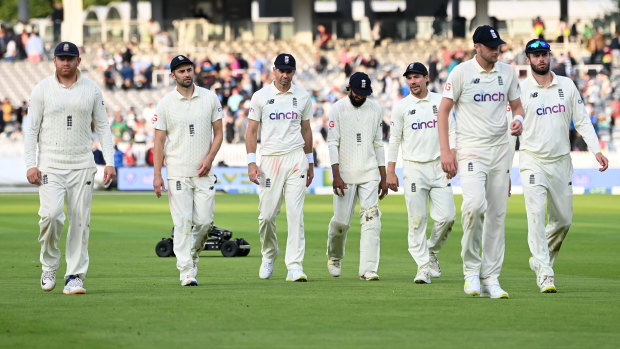 England leave the field at stumps on day one at Lords in a Test against India.