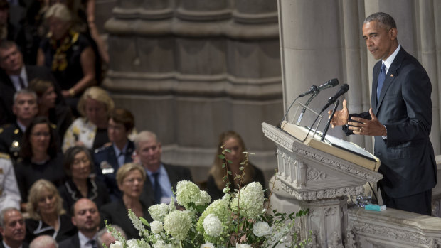 Former US president Barack Obama speaks during a memorial service for late Senator John McCain at Washington National Cathedral in Washington, D.C.,  on Saturday.