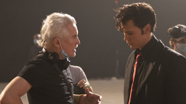 Baz Luhrmann directs Austin Butler on the set of Elvis in Queensland.