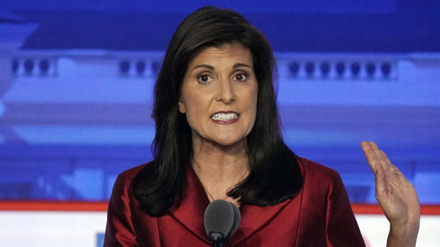 Former US ambassador to the UN Nikki Haley speaks during the second Republican presidential primary debate. 