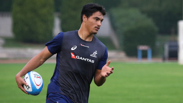 Ruled out: Petaia training with the Wallabies in Italy before injury ruled him out of a potential debut. 