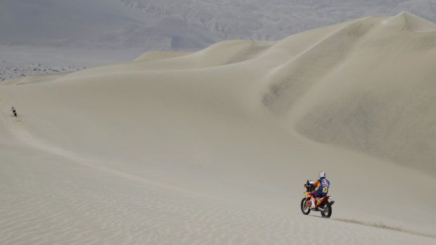 Toby Price takes on a dune in the third stage of the Dakar Rally.