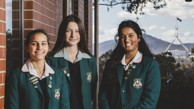 Canberra Girls Grammar School students Elisabeth Abhayaratna, Tara Dabrowski, and Shirya Bellamkonda-Vaka.