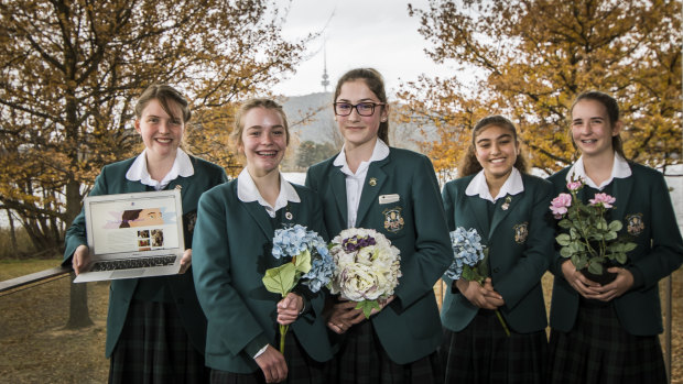 Canberra Girls Grammar School year 9 students, Charlotte Morrissey, Tatyana Ludwig, Anna Schier, Leila Mokahal and Sarah Larsen showcase their project, The Lilac Foundation, which plans to honour Marion Griffin