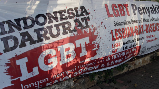 Anti-LGBT banners erected by an ultra-conservative Islamic group  signal anti-gay sentiment is on the rise in Indonesia.