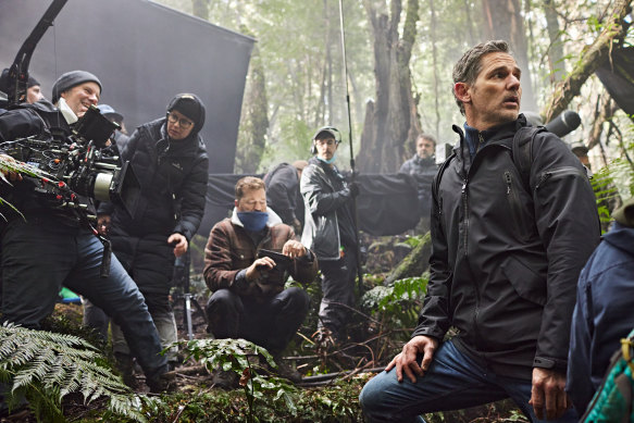 Eric Bana (right) on the set of Force of Nature. The sequel to The Dry was filmed in Victoria’s Otways, the Dandenongs and the Yarra Valley.