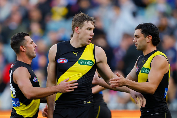 Richmond coach Damien Hardwick defended Tom Lynch, centre, post-match. 