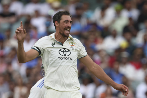 Australia’s Mitchell Starc celebrates the wicket of India’s Ravichandran Ashwin during the day one of the Adelaide Test.