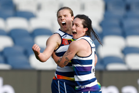 Chloe Scheer (left) and Julia Crockett-Grills of the Cats celebrate.