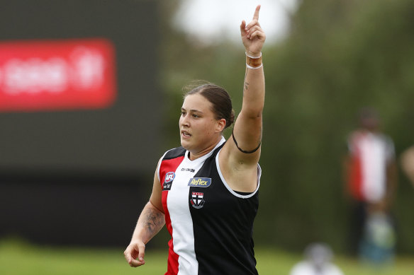 St Kilda’s Caitlin Greiser celebrates a goal. 