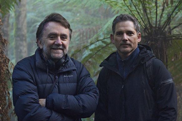 Director Robert Connolly (left) and star Eric Bana on the set of Force of Nature: The Dry 2. 