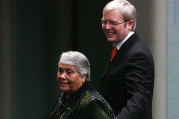 Lowitja O’Donoghue and then-prime minister Kevin Rudd after he delivered the official apology to the stolen generations in 2008.
