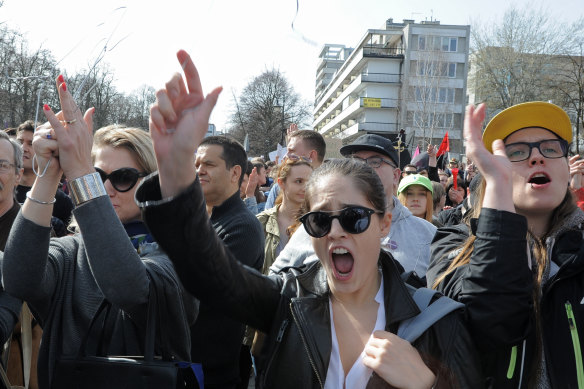 Protesters shout slogans against campaign for a total ban on abortion in 2016 which was supported by ruling party leader Jaroslaw Kaczynski.