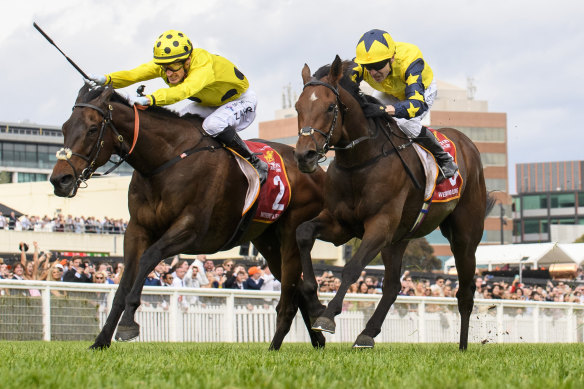 Mark Zahra (left) broke the whip rules when he won the Caulfield Cup on Without A Fight.