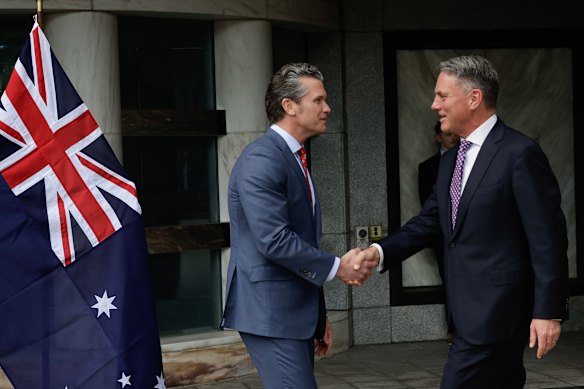 Deputy Prime Minister Richard Marles (left) meets US Defence Secretary Pete Hegseth in Singapore on Friday.
