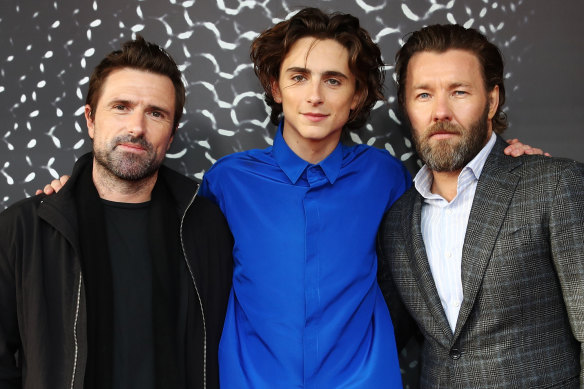 David Michod, Timothée Chalamet and Joel Edgerton at the Australian premiere of The King in Sydney on Thursday.