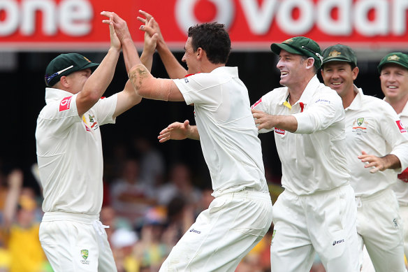 Mitchell Starc celebrates his first Test wicket, that of New Zealand’s Brendon McCullum at the Gabba in 2011.