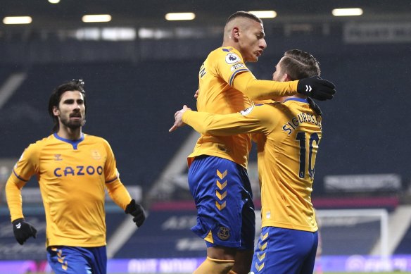 Everton’s European hopes were boosted by Richarlison’s (centre) goal against West Brom.