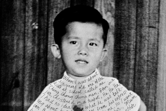Childhood photo of William Yang, which he inscribed for his 1999 show ‘Sadness’.
