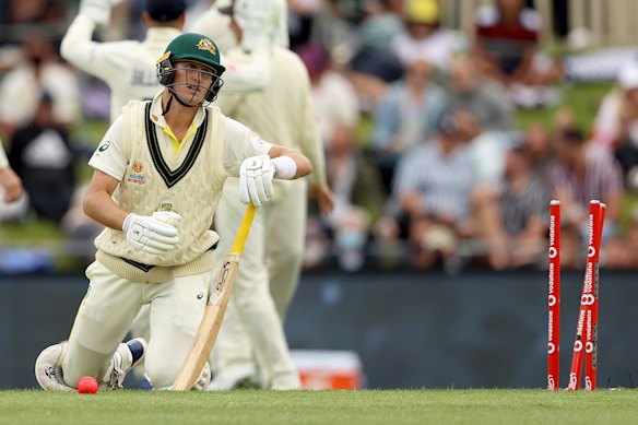 Reality sinks in as Labuschagne picks himself up after his dismal dismissal. 