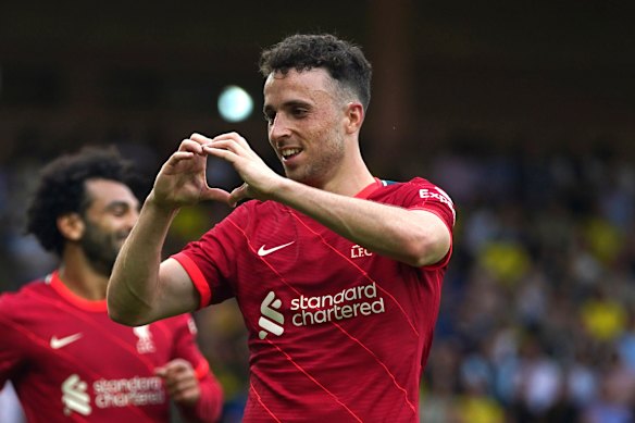 Jota in 2021, celebrating scoring a goal against Norwich.