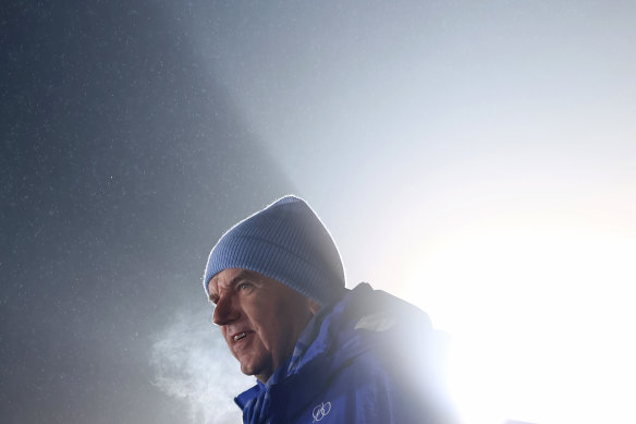 IOC president Thomas Bach attends the medal ceremony after the Luge Sprint Men’s Final during day 1 of the FIL Luge World Championships in Oberhof, Germany. 