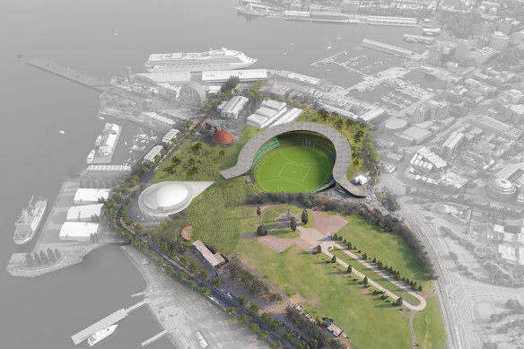 In 2019, Hobart architect Don Gallagher released concept plans of a stadium at Macquarie Point that leaves the Cenotaph visible from the ground. It was featured in the state government’s taskforce report into an AFL team.