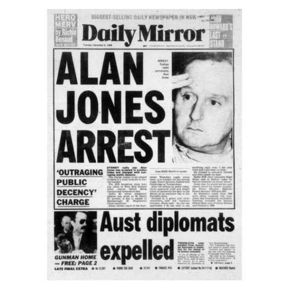The Daily Mirror front page after Jones was arrested in an underground public toilet in London.