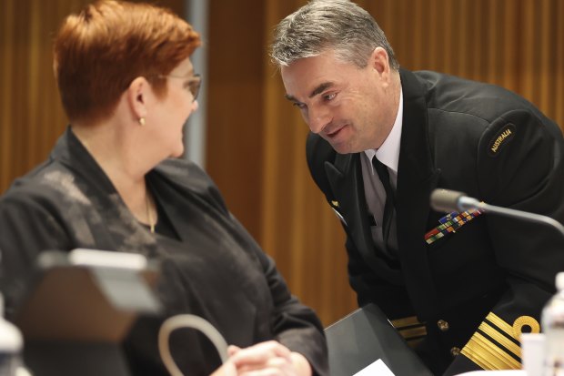 Minister for Foreign Affairs Marise Payne and Rear-Admiral Jonathan Mead during a Senate estimates hearing. Mead was a crucial choice to lead the pursuit of SSNs.