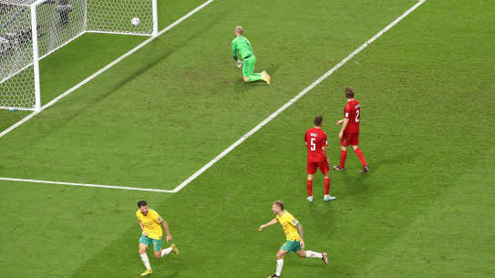 Mathew Leckie celebrates his goal against Denmark.