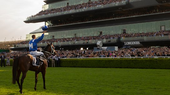 All hail the Queen: Hugh Bowman and Winx return to scale one last time in front of the Randwick faithful.