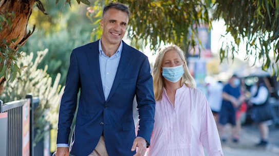 Peter Malinauskas with his wife Annabel on polling day.