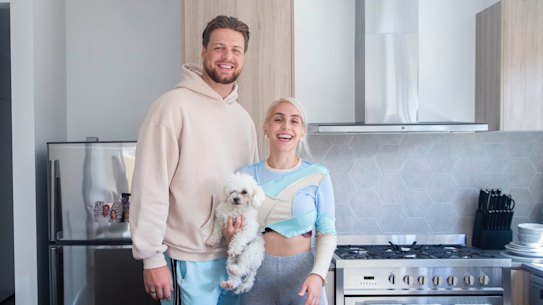 Gina Cerasiotis, her partner Kyle Galloway and Teddy.