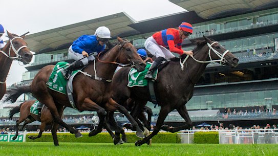 James McDonald on Verry Elleegant (far right) wins the Chipping Norton Stakes at Randwick.