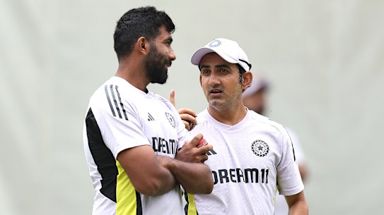 Gautaum Gambhir with Jasprit Bumrah in Perth.