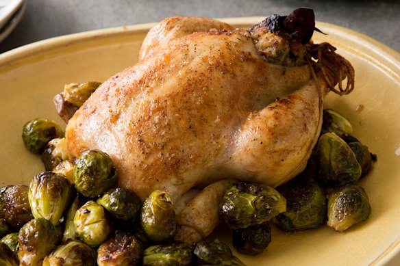 Karen Martini’s brined and stuffed roast chicken with honeyed Brussels sprouts. 
