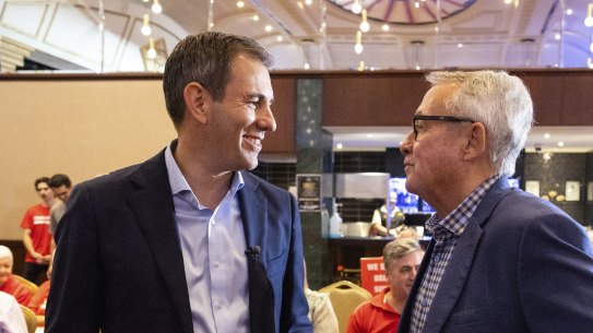 Shadow treasurer Jim Chalmers, with former Labor treasurer Wayne Swan, at the weekend. Labor plans to raise $1.9b from multinational tax changes.