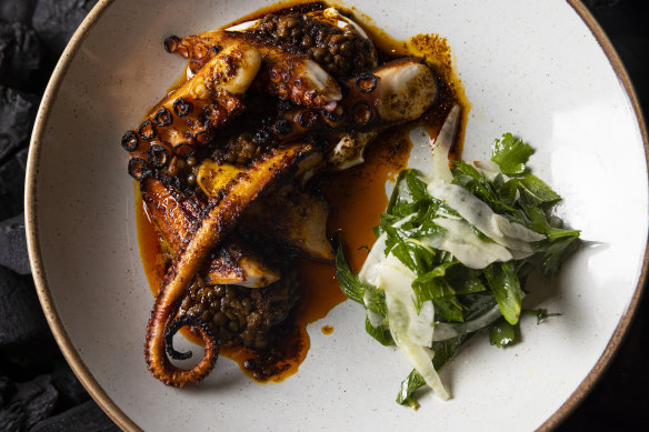 Chargrilled Abrolhos octopus with chorizo-braised black lentils, labneh and fennel salad. 