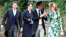  Jack Brooksbank, Princess Eugenie of York, Edoardo Mapelli Mozzi and Princess Beatrice of York arrive for the Royal wedding of Peter Phillips and Harriet Sperling at All Saints' Church on June 06, 2026 in Kemble, England.