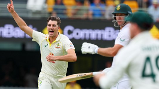 Pat Cummins celebrates one of his five second-innings scalps on the green Gabba pitch.