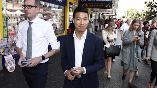 Scott Yung, right, and NSW Treasurer Dominic Perrottet campaigning in Hurstville during the 2019 state election.